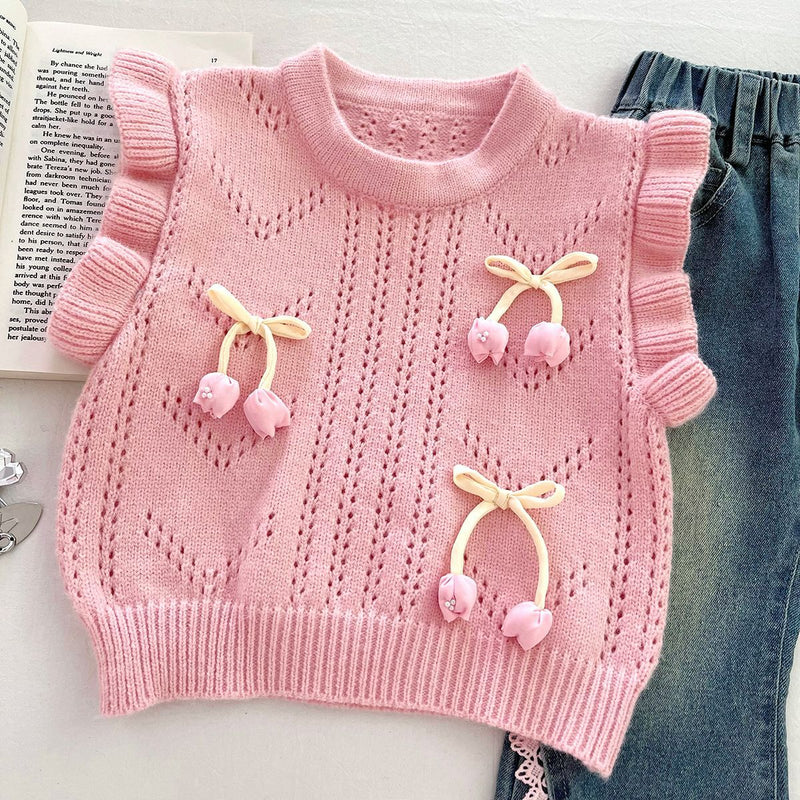 Girls' Autumn Knitted Sweater Vest Shirt Jeans Three-piece Set