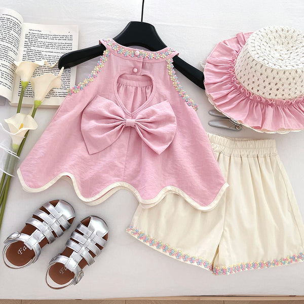 Girls' Hollow Bow Round Neck Sleeveless Top and Shorts Two-Piece Set