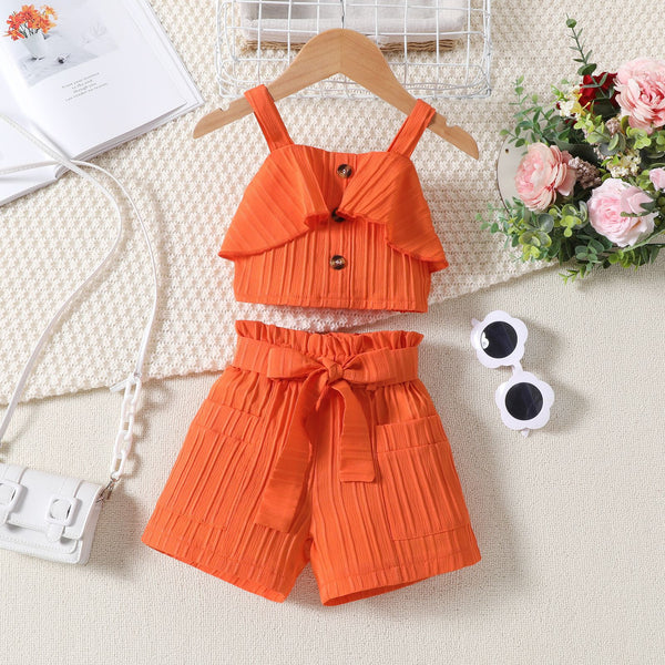 Summer New Girls Solid Color Suspender Top Shorts Two-piece Set