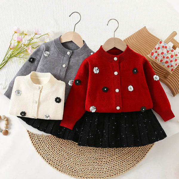 Girls' 3D Beaded Knitted Cardigan Skirt Two-Piece Set