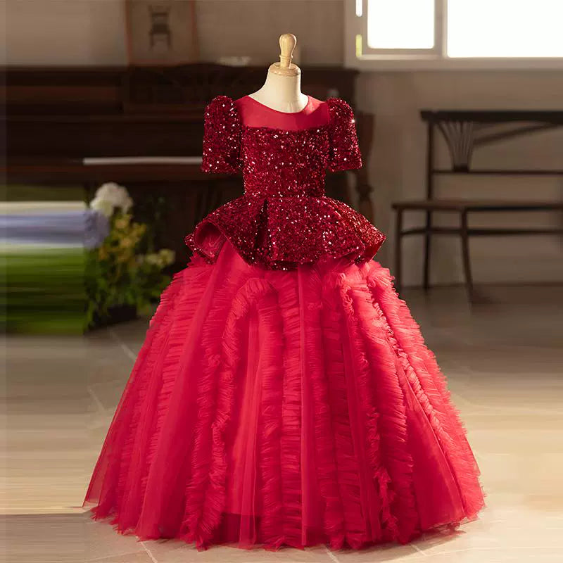 Red Girls Sequined Princess Dress Children's Birthday Dress
