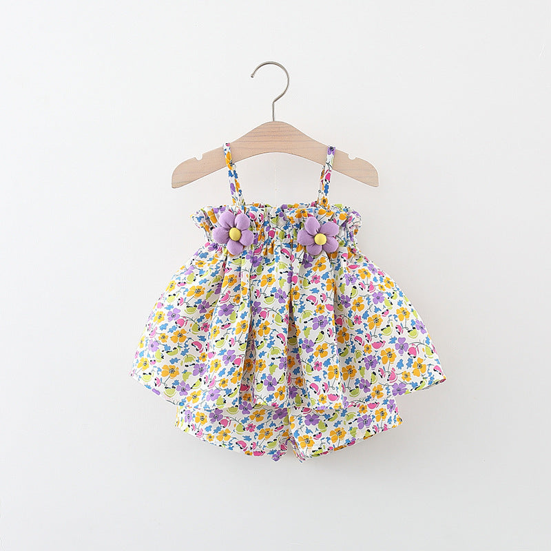 Girls Holiday Style Baby Floral Sling Two-piece Children's Clothing marryshe Girls Holiday Style Baby Floral Sling Two-piece Children's Clothing marryshe
