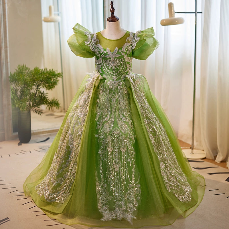 Elegant Baby Girl Beauty Pageant  Dress Toddler Green Sequins Fluffy Ball Gown