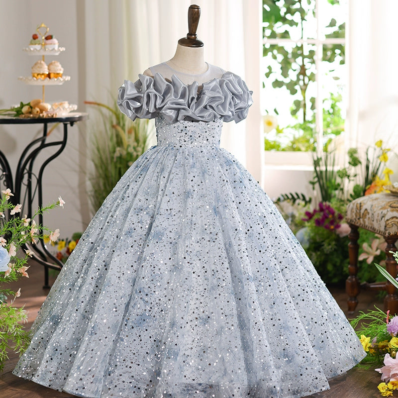 Girls Birthday Gray Dress Flower Girl Wedding Princess Dress Girl Party Prom Dress