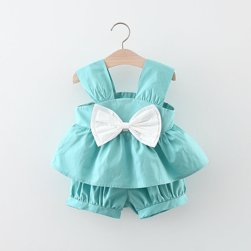 Summer New Girls Bow Solid Color Suspender Shorts Two-piece Set