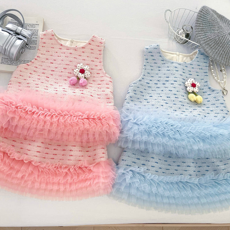 Girls' 3D Floral Mesh Lace Vest Skirt Two-piece Set