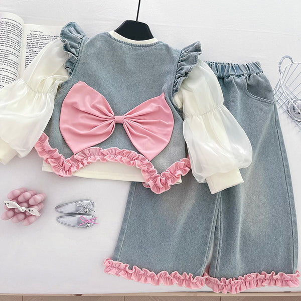Girls' Autumn Denim Vest Shirt Wide-Leg Pants Three-Piece Set