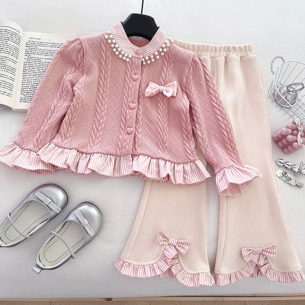 Girls' Knitted Sweater and Flared Trousers Two-piece Suit
