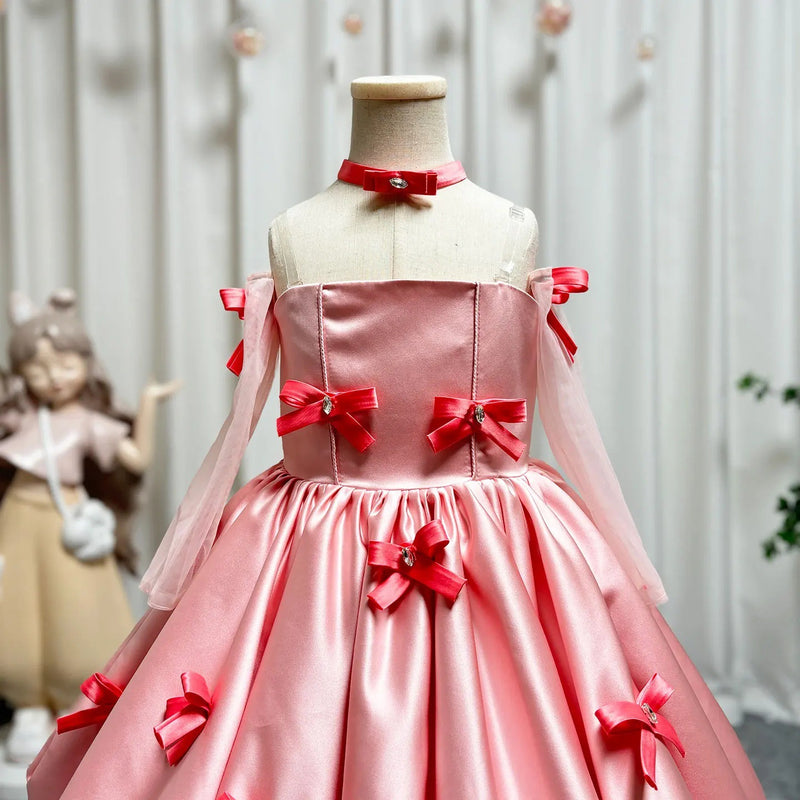 Girls Pink Birthday Princess Dress Children's Party Suspender Dress