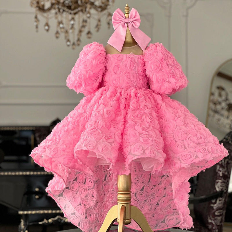 Pink Girls Birthday Dress Girls Rose Flower Princess Dress