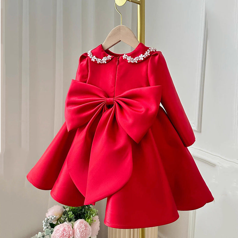 Cute Baby Girl with Flower Doll Collar Red Princess Dress Girl Toddler First Communion Dress