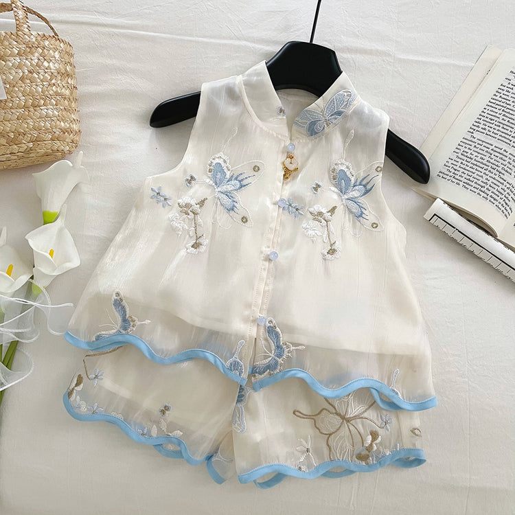 Girls Summer Embroidered Sleeveless Tops Shorts Two-piece Set