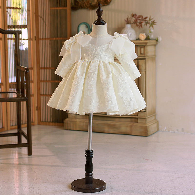 Elegant Baby Girl White Long Sleeve Bow Embroidered Princess Dresses For Girls Toddler Pageant Dresses