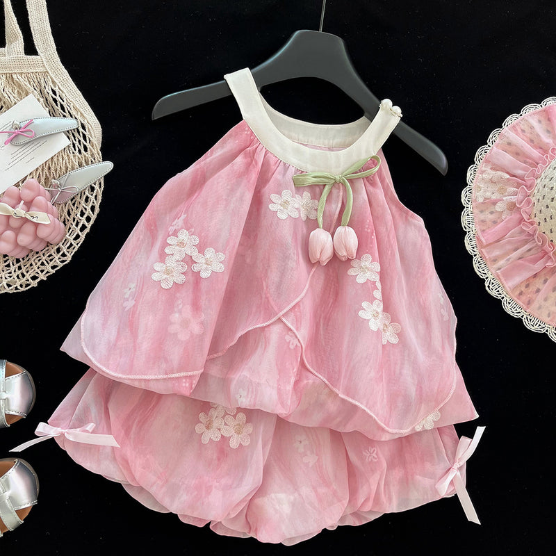 Girls Summer New Embroidered Suspender Shorts Two-piece Suit