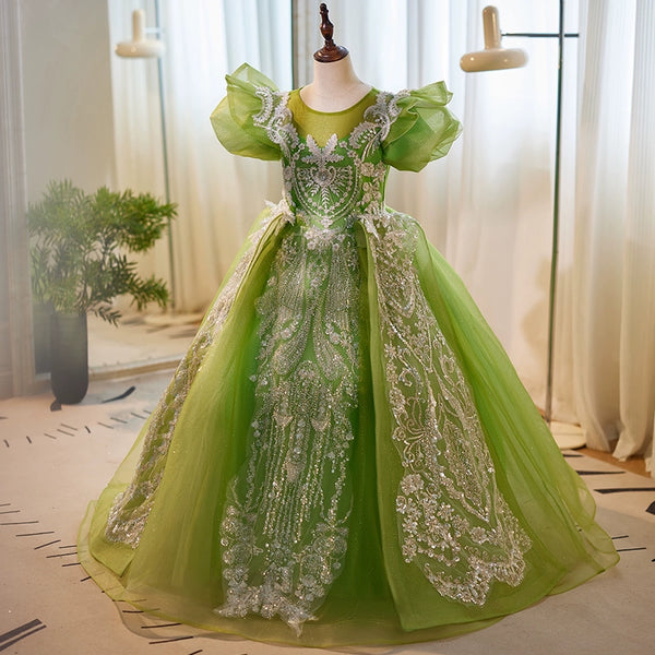 Elegant Baby Girl Beauty Pageant  Dress Toddler Green Sequins Fluffy Ball Gown