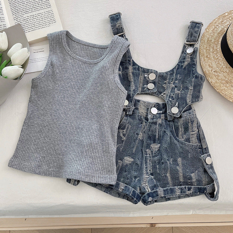 Girls Denim Overalls Shorts Bottoming Shirt Three Piece Set