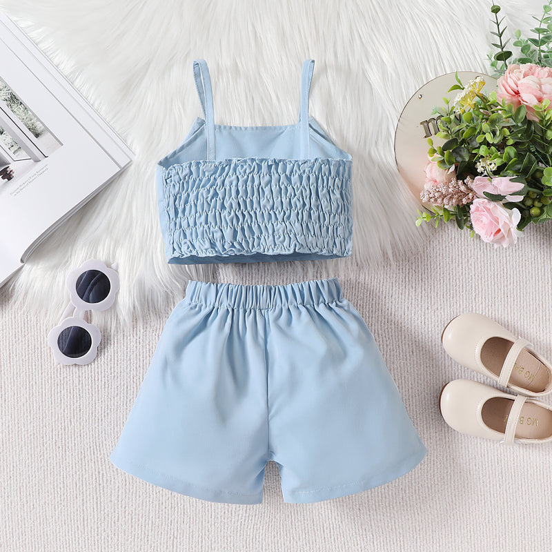 Summer Girls Bowknot Suspender Shorts Two-piece Set