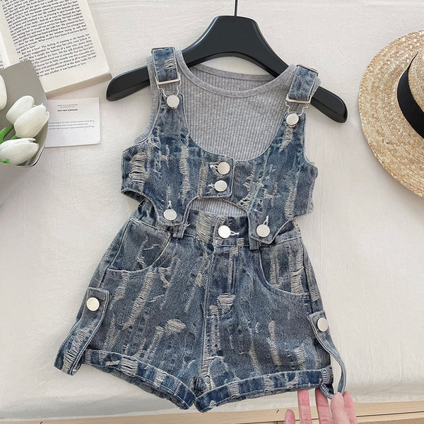 Girls Denim Overalls Shorts Bottoming Shirt Three Piece Set