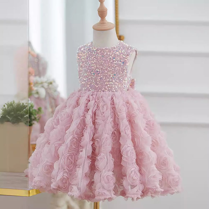 Girls Birthday Sequin Princess Dress Children Rose Flower Puffy Dress