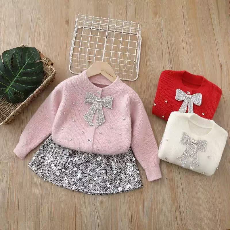 Girls' Rhinestone Bow Knitted Cardigan and Skirt Two-Piece Set