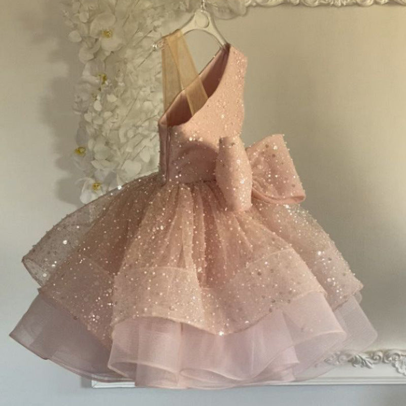 Children's Sequin Bowknot Dress Girls Sleeveless Puffy Princess Dress