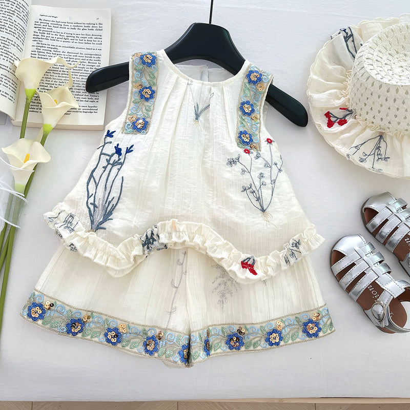 Girls' Sleeveless Hollow Bow Top and Shorts Two-piece Set