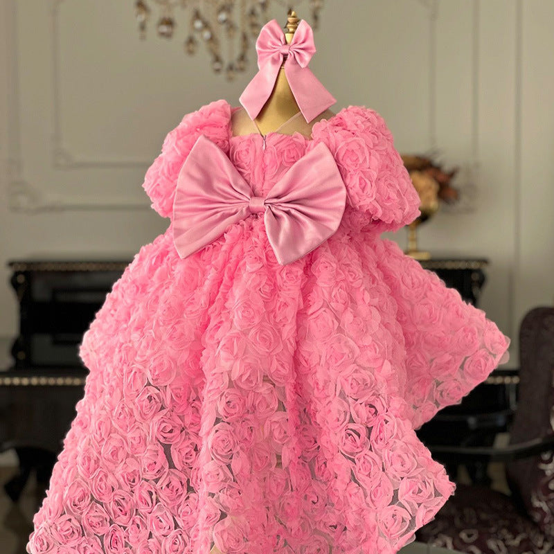 Pink Girls Birthday Dress Girls Rose Flower Princess Dress