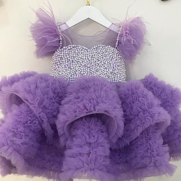 Cute Baby Girl Fluffy Beads Pageant Dress Toddler First Birthday Party Princess Dress