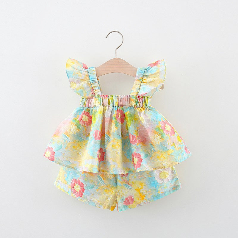 Baby Girls Set Printed Flying Sleeve Suspender Elastic Shorts Two-piece Set