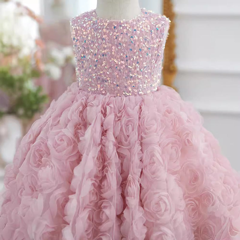 Girls Birthday Sequin Princess Dress Children Rose Flower Puffy Dress