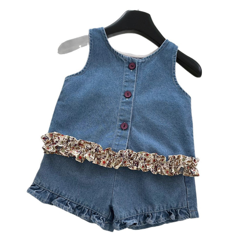 Girls Summer New Lace Soft Denim Vest Shorts Two-piece Set