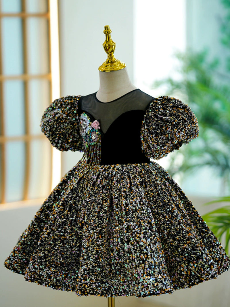 Elegant Baby Girls Black Sequins Pageant Birthday Party Princess Dress