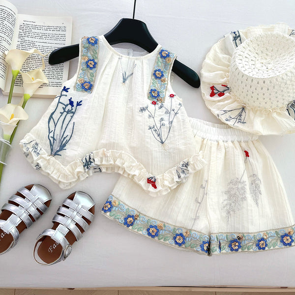 Girls' Sleeveless Hollow Bow Top and Shorts Two-piece Set