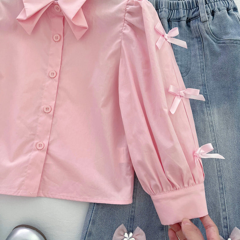 Girls' Shirt Knitted Vest and Flared Jeans Three-Piece Set