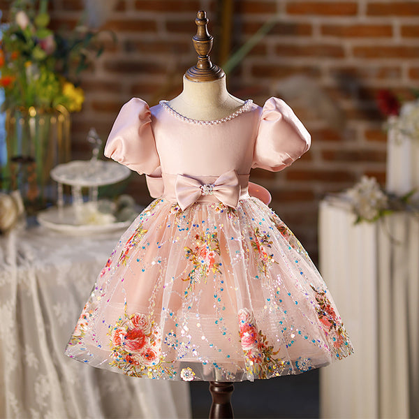 Elegant Baby Girls Pink Waist Bow Puff Princess Dress Toddler Birthday Sequined Dress