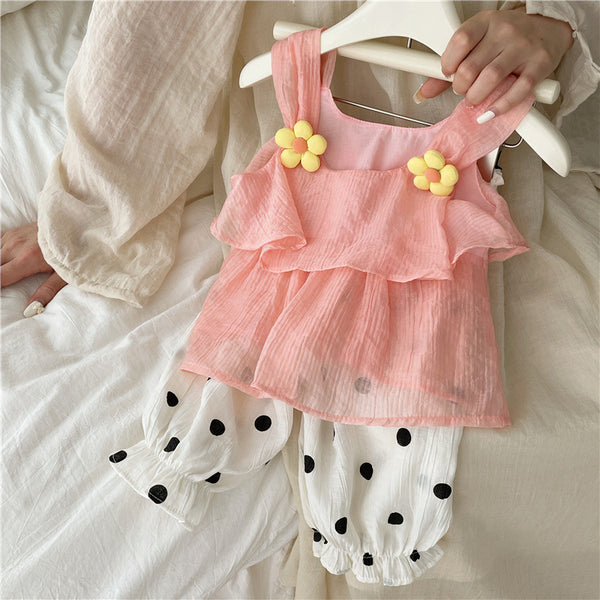 Summer Girls Thin Suspender Polka Dot Pants Two-piece Set