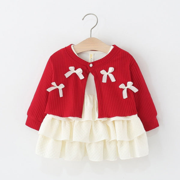 Girls Autumn Knitted Cardigan Cake Dress Two-Piece Set