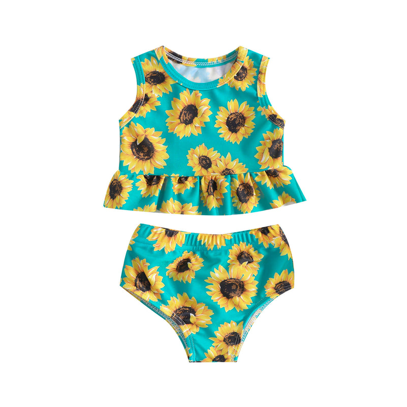 Girls Sunflower Print Ruffled Swimsuit Two-Piece Set