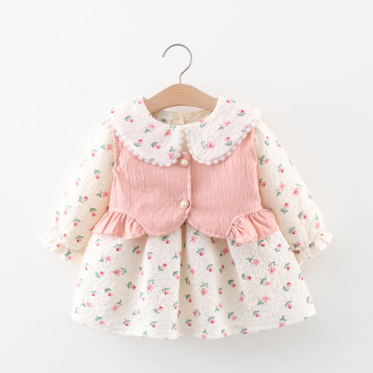 Cute Girls Autumn Printed Fake Two Piece Princess Dress