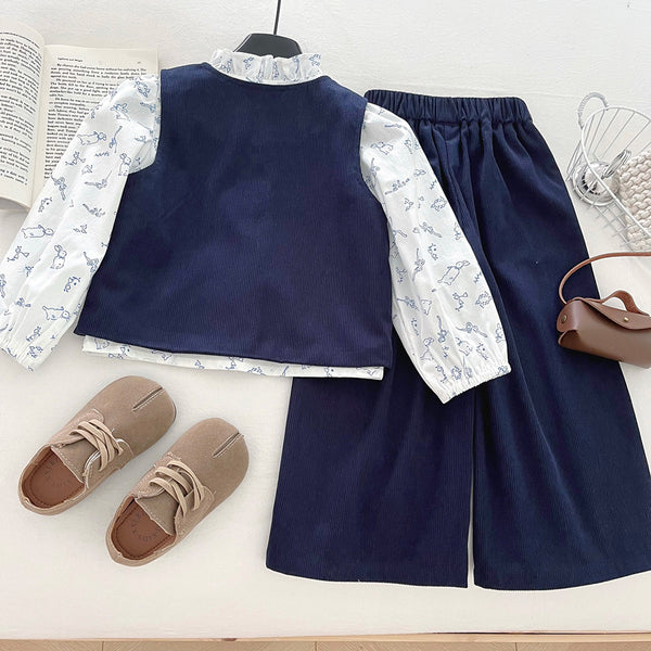 Girls' Embroidered Vest Shirt and Wide-leg Pants Three-piece Set