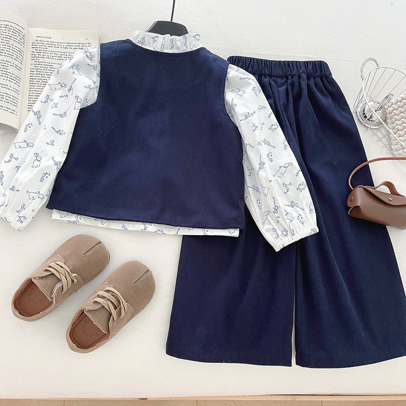 Girls' Embroidered Vest Shirt and Wide-leg Pants Three-piece Set