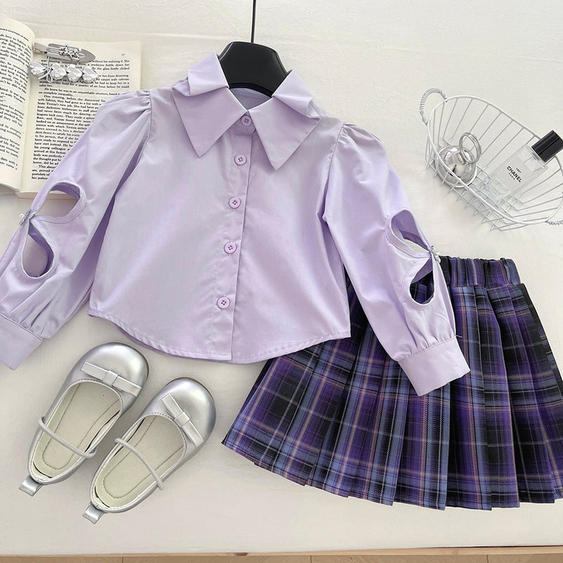 Girls' Knitted Vest Shirt and Plaid Skirt Three-piece Set