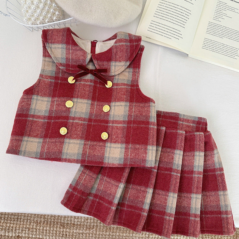 Girls' Winter Fleece-Lined Plaid Vest and Skirt Two-Piece Set