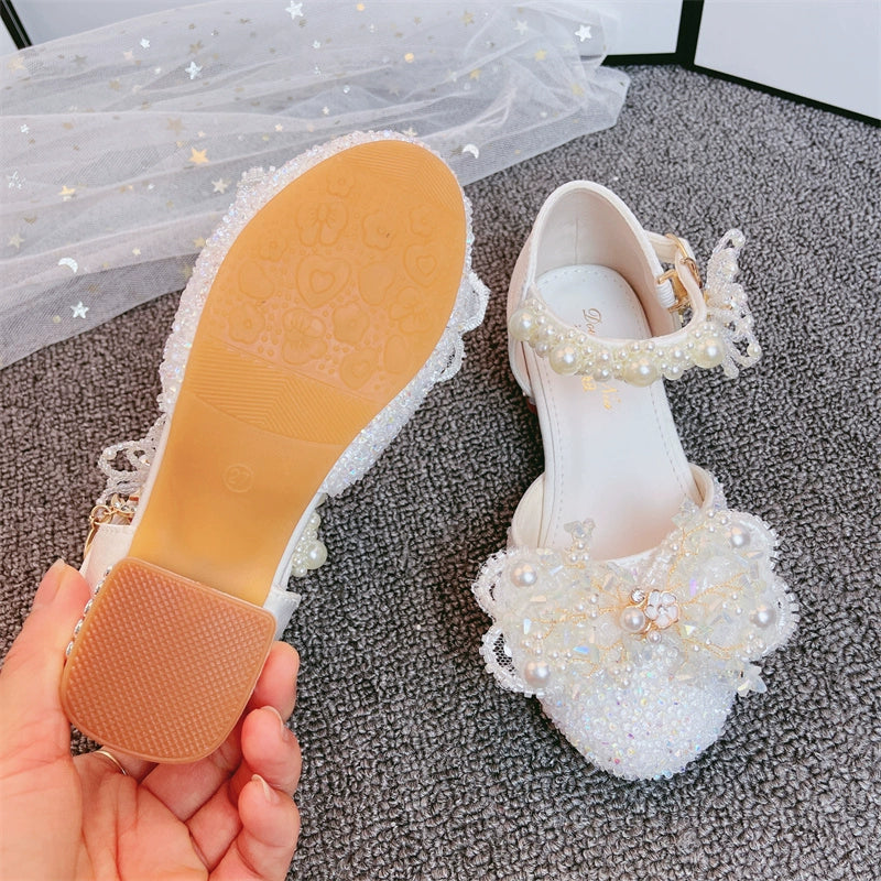 Girls Crystal White High Heel Princess Shoes