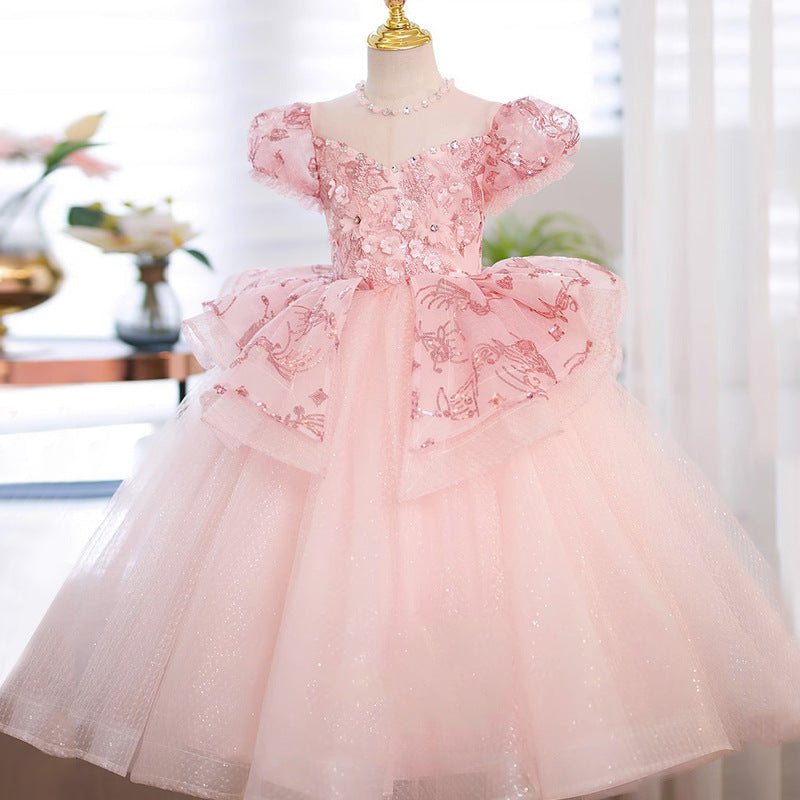 Flower Girl Dress Little Girl Pink Princess Dress Host Birthday Performance Fluffy Yarn