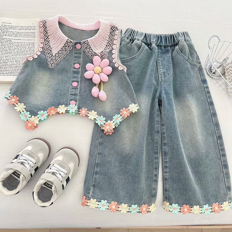 Girls' Soft Denim Vest Bottoming Shirt and Jeans Three-piece Set