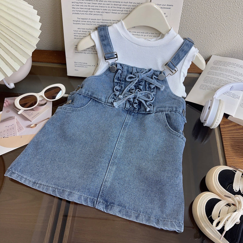 Girls New Summer Denim Sleeveless Overalls Skirt
