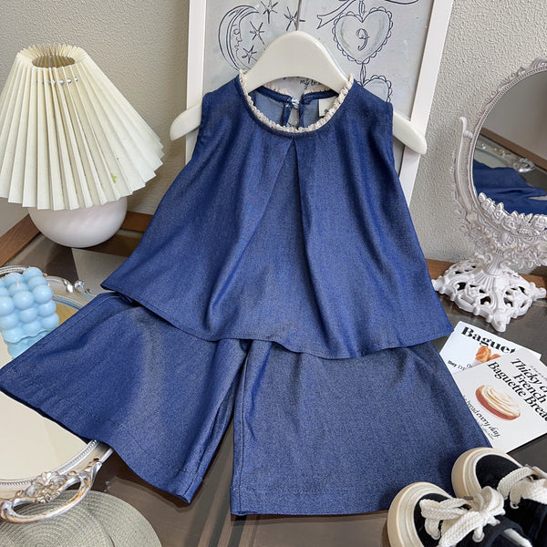 Girls Casual Suit Summer Denim Vest Wide-leg Pants Two-piece Suit