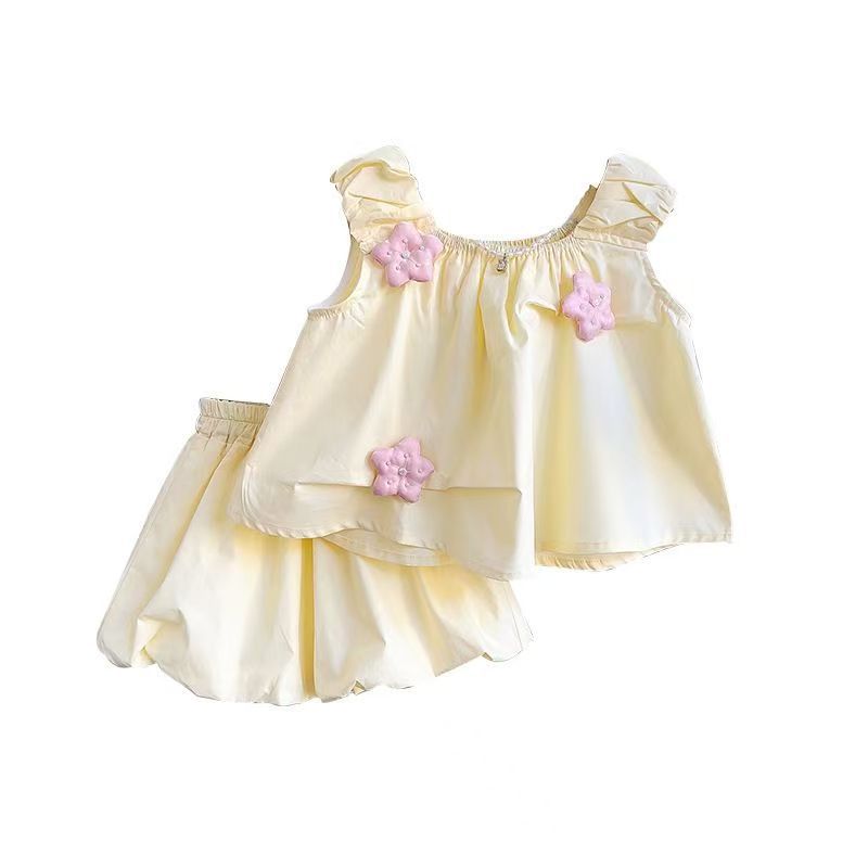 Girls 3D Flower Bud Cute Top and Shorts Two-piece Set