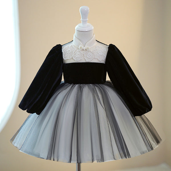 Elegant Baby Girls Black Button Catwalk Princess Dress Toddler Birthday Dresses